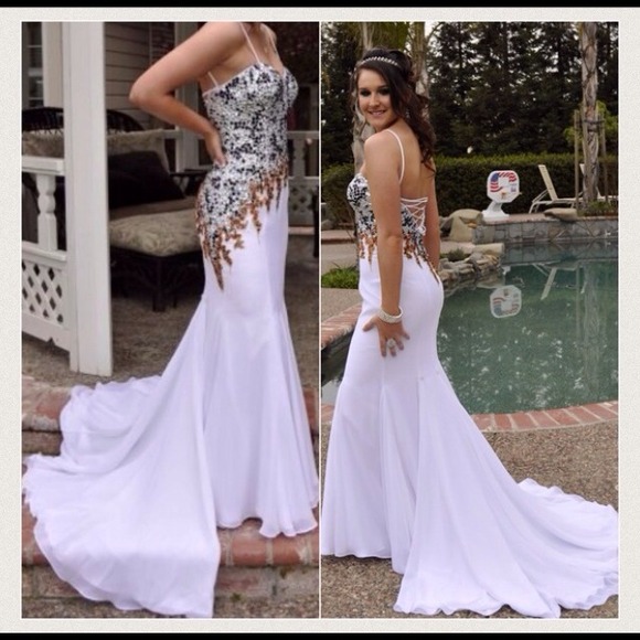Alyce white sequence prom gown