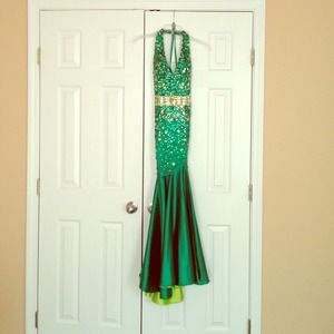 Emerald and lime green formal gown.