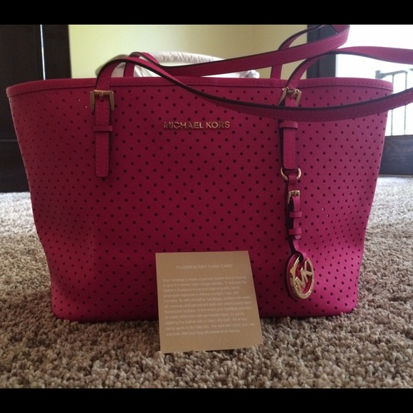 MICHAEL KORS Hot Pink Perforated Jet Set Tote