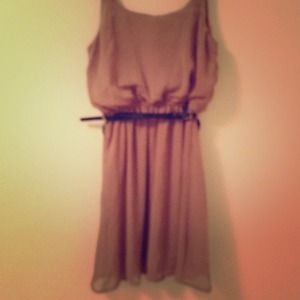 Brown medium length dress with black thin belt.