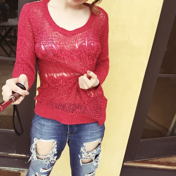 Maddy K Pink Crochet Pullover w Floral Back