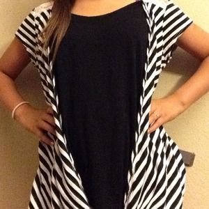 Black shirt with Black and white striped cardigan