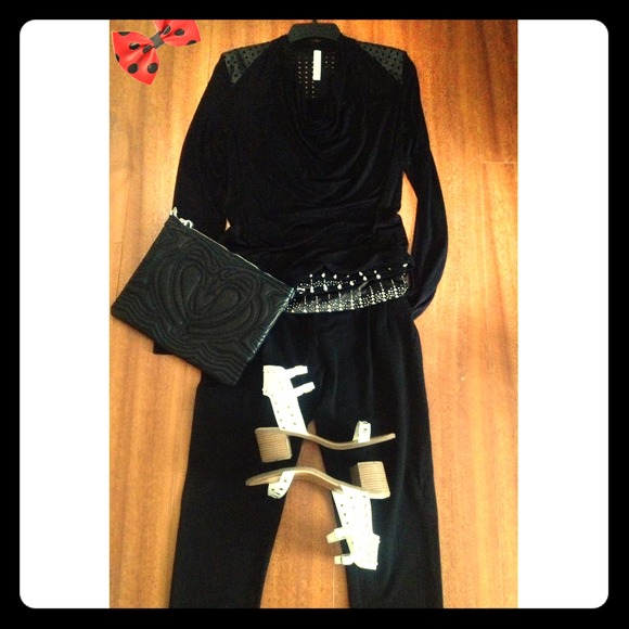 Cowlneck Top With Faux Leather Grid Patches