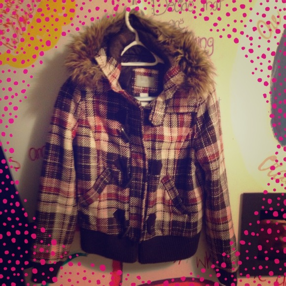 Pink and brown plaid coat with fur lined hood.
