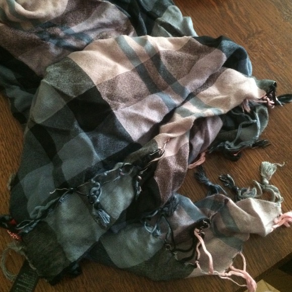 Pink, blue, and grey plaid scarf