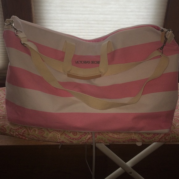 Pink and white stripped Victoria secret tote bag