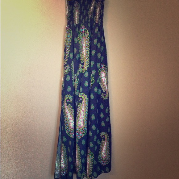 Paisley Floral Pattern Green and Navy Maxi Dress