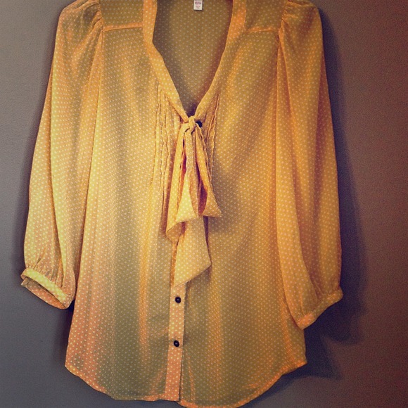 Yellow Mustard Polka Dot Shirt Bow Work Casual