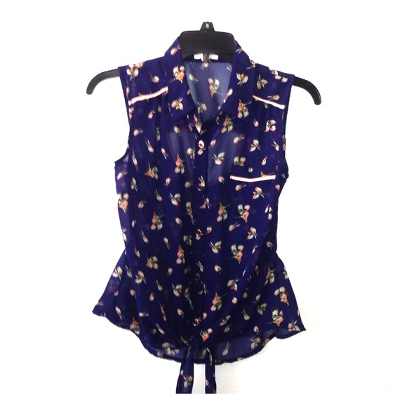 Navy bird print collared top