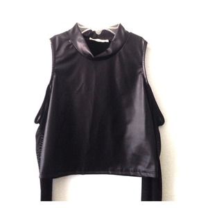 Black leather long sleeve cut crop top