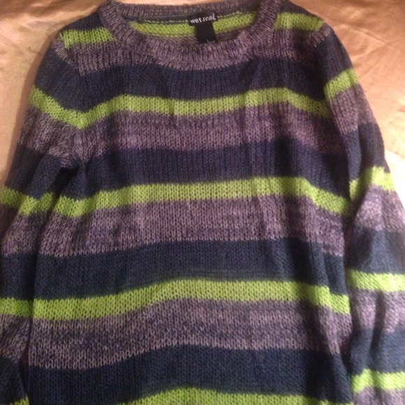 Green, blue, and grey sweater