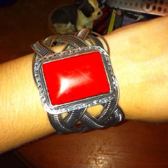 Red Silver Statement Bracelet Bangle