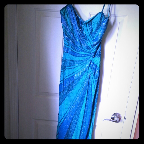 Beaded silk turquoise evening gown
