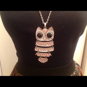 Long silver and black owl necklace