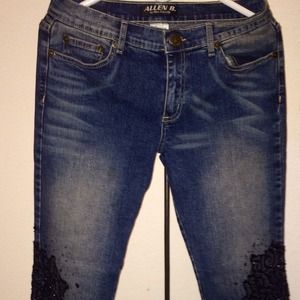 Allen B blue denim jeans. Black Beaded calves.