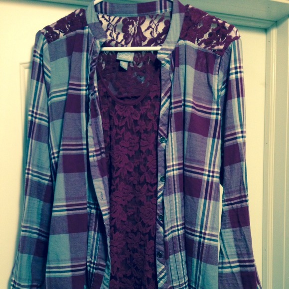 Vanity plaid shirt with matching lace tank