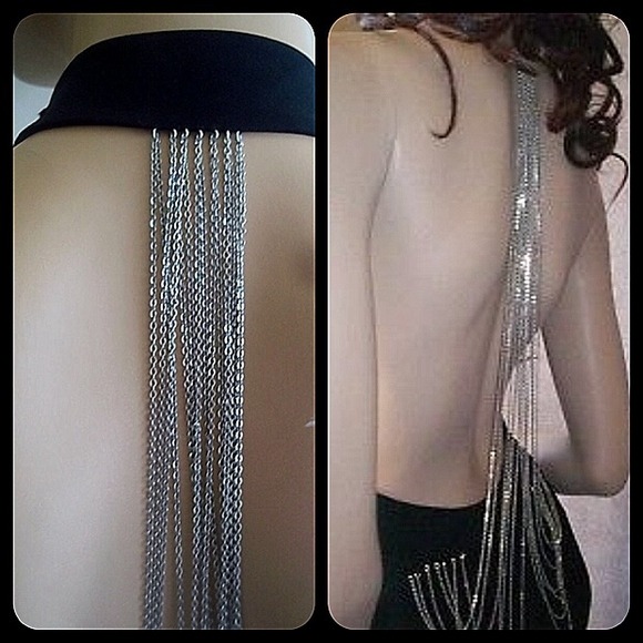 Amazing black backless dress draping silver chains - Picture 3 of 4