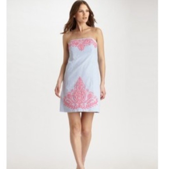 Blue Seersucker lilly dress w pink embroidery NWOT