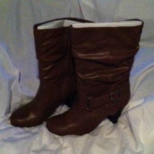 Brown Calf High Boots with a Heel Strap & Buckle