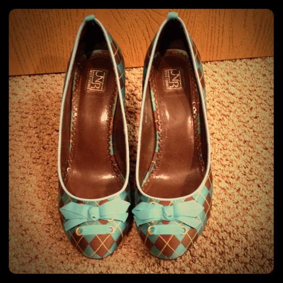 Teal and brown argyle heels
