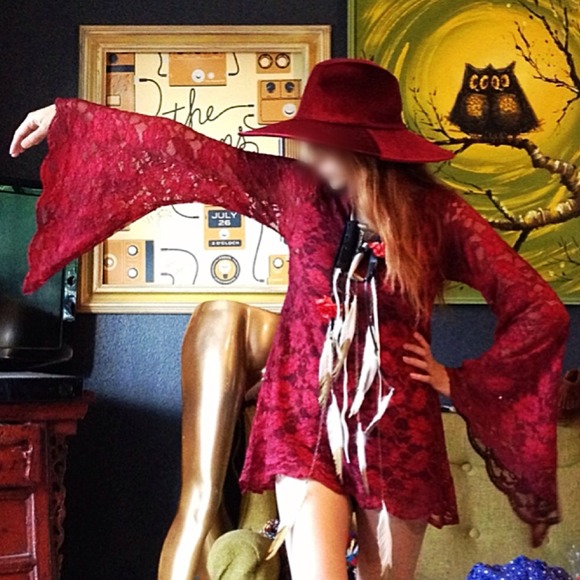 SOLD Blood Red Lace Bell Sleeve Swing  Mini Dress