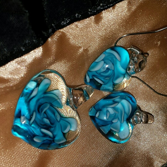 Glass Pendant & Earrings with Blue Rose in Glass