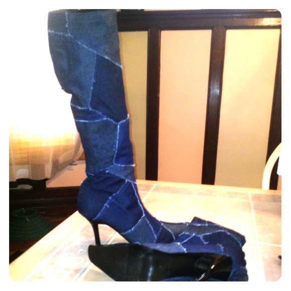 Denim knee high boots