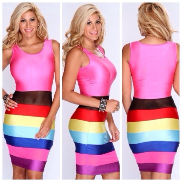 Mesh insert rainbow mini bodycon dress