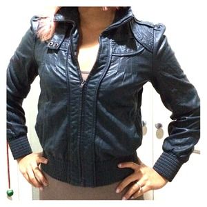 NWOT Super Cute Faux Leather Bomber in Steel-Blue