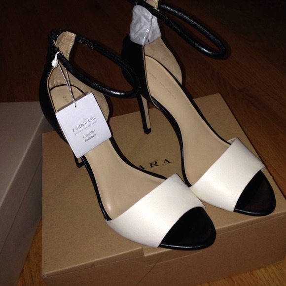 Zara black white ankle strap heels