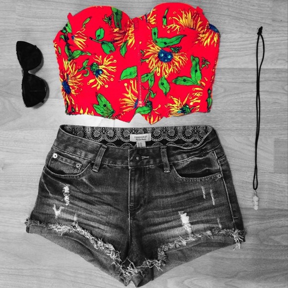 Vintage Beaded Red Sunflower Boned Bustier