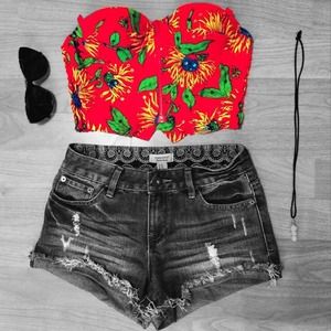 Vintage Beaded Red Sunflower Boned Bustier