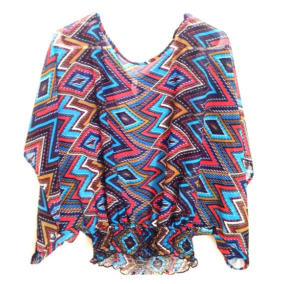 Aztec Tribal chiffon Bat Wing Blouse M