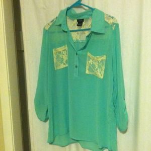 Mint button up shirt with lace back and pockets