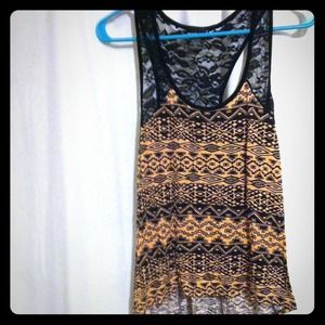 Coral and black Aztec print tank with lace back!