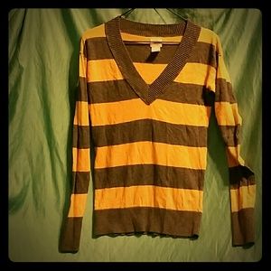 Grey & yellow striped long sleeve v - neck shirt