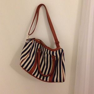Navy and white striped satchel