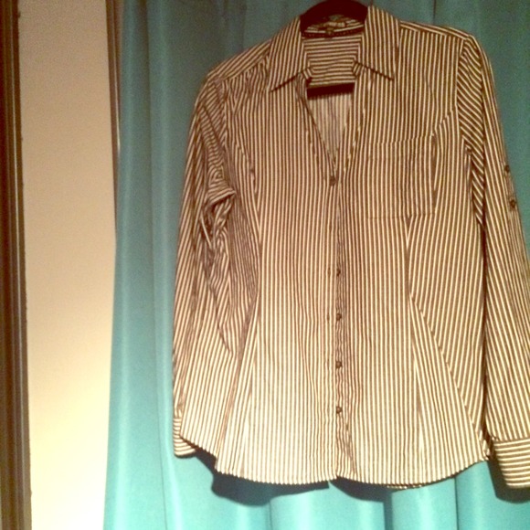Navy blue and grey striped collared shirt.