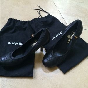 Chanel black quilted heels and  chanel napa/beige