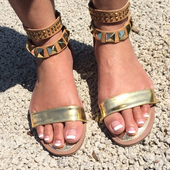 Gold Ankle Straps Flats w/gold studs