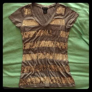 Grey Sequin V-Neck T