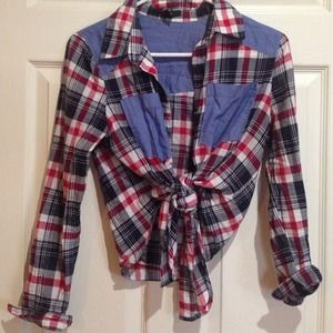 Black blue and red checkered crop tie front top.