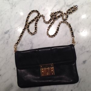 Tory Burch black leather clutch with gold chain