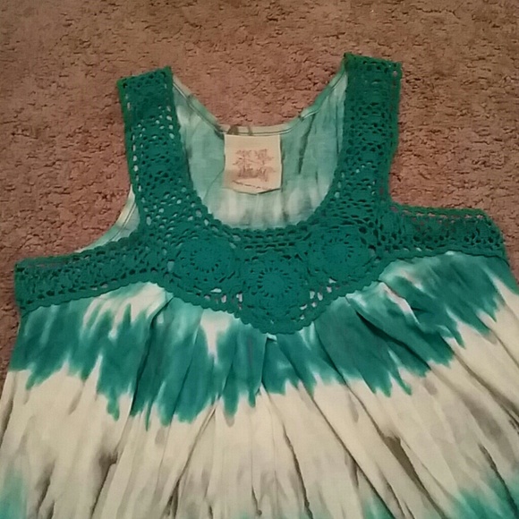 Teal , white and grey crotchet tie dyed top