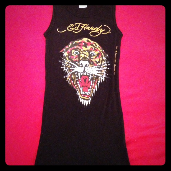 Authentic ed hardy black bedazzled tiger tank