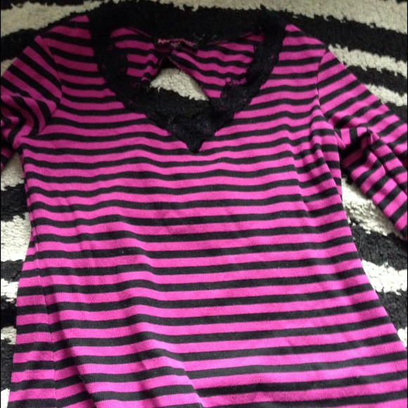 Betsey Johnson Pink & Black Striped Lace Shirt
