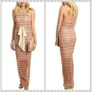 ****SOLD****Chiffon Tie Waist Chevron maxi Dress