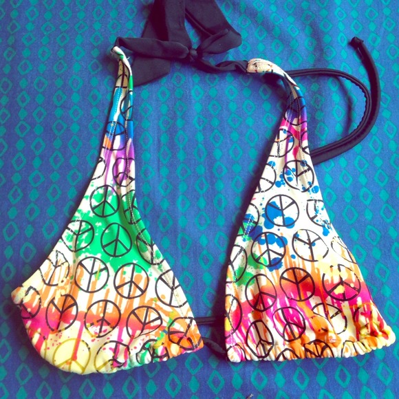 Colorful bikini top with black peace signs