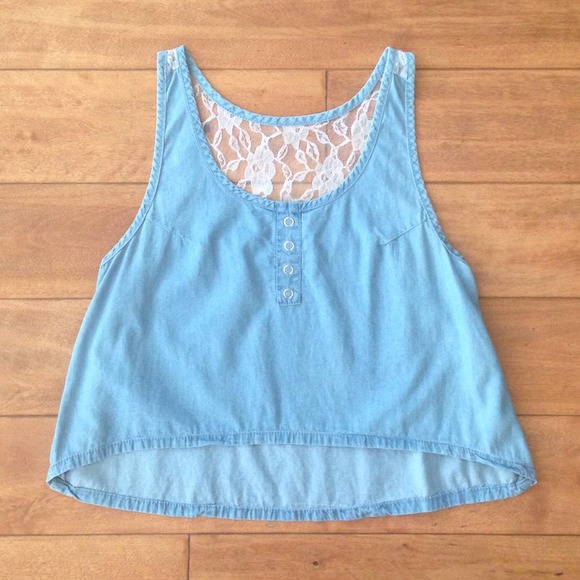 Tops - Blue Oversized Boxy Boho Lace Crop Tank Top