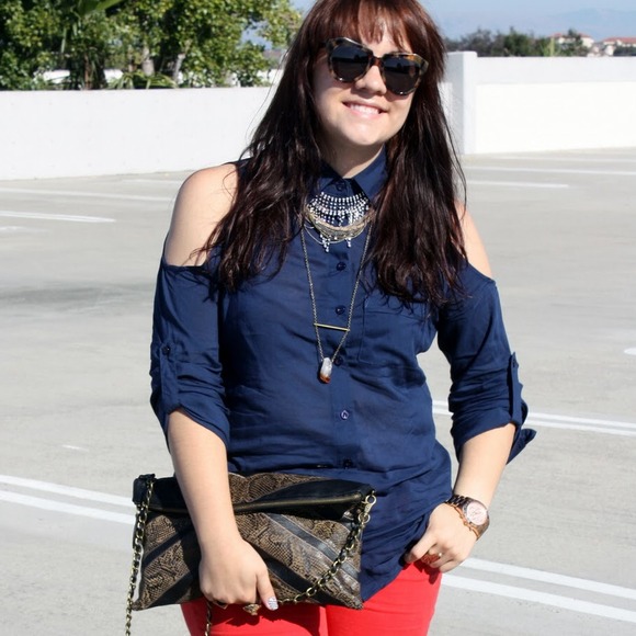 Ya Los Angeles Tops - Navy Cold Shoulder Button-Down Shirt